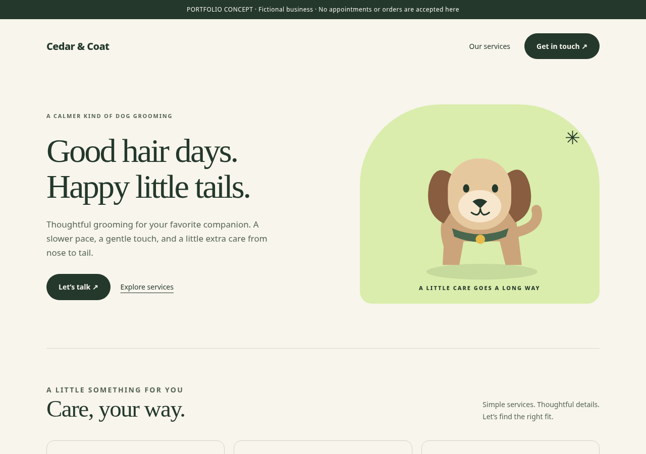 Cedar and Coat dog grooming website with warm cream colors and a friendly dog illustration